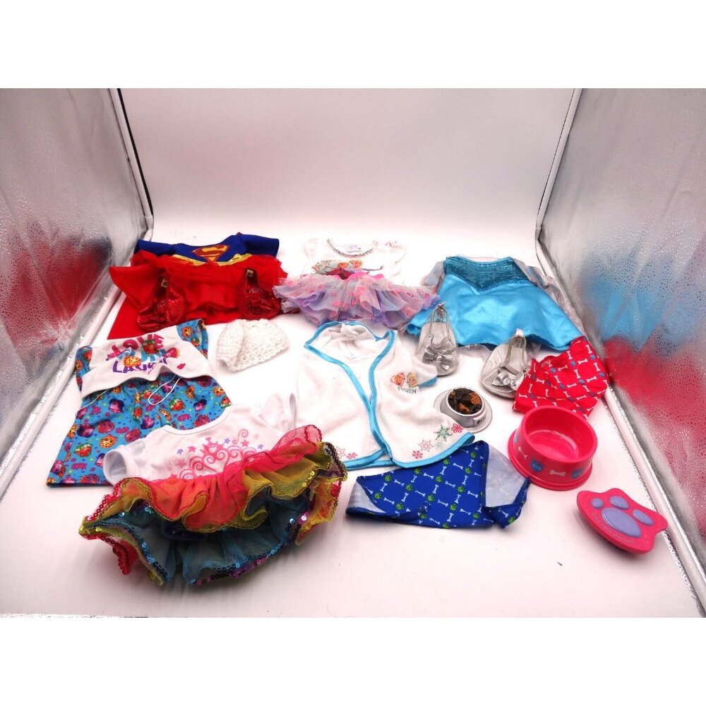 Build A Bear Disney Frozen Dress Shoes Top Robe and Shopkin pjs Superman top and